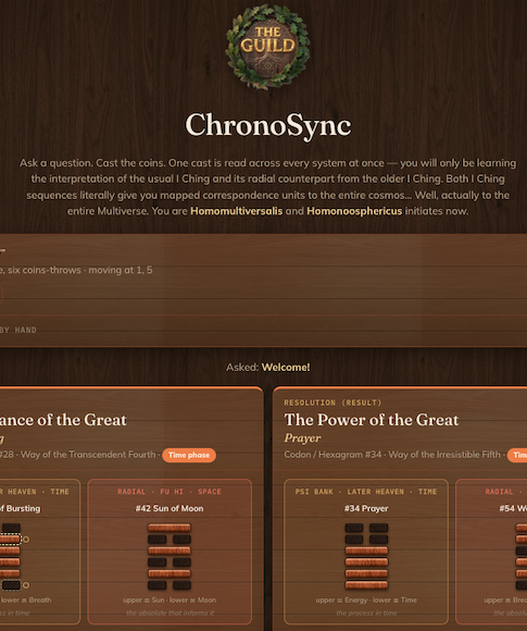 The ChronoSync instrument — a sealed question and its cast, one hexagram read twice at once across the Later Heaven time sequence and the Fu Hi radial space sequence