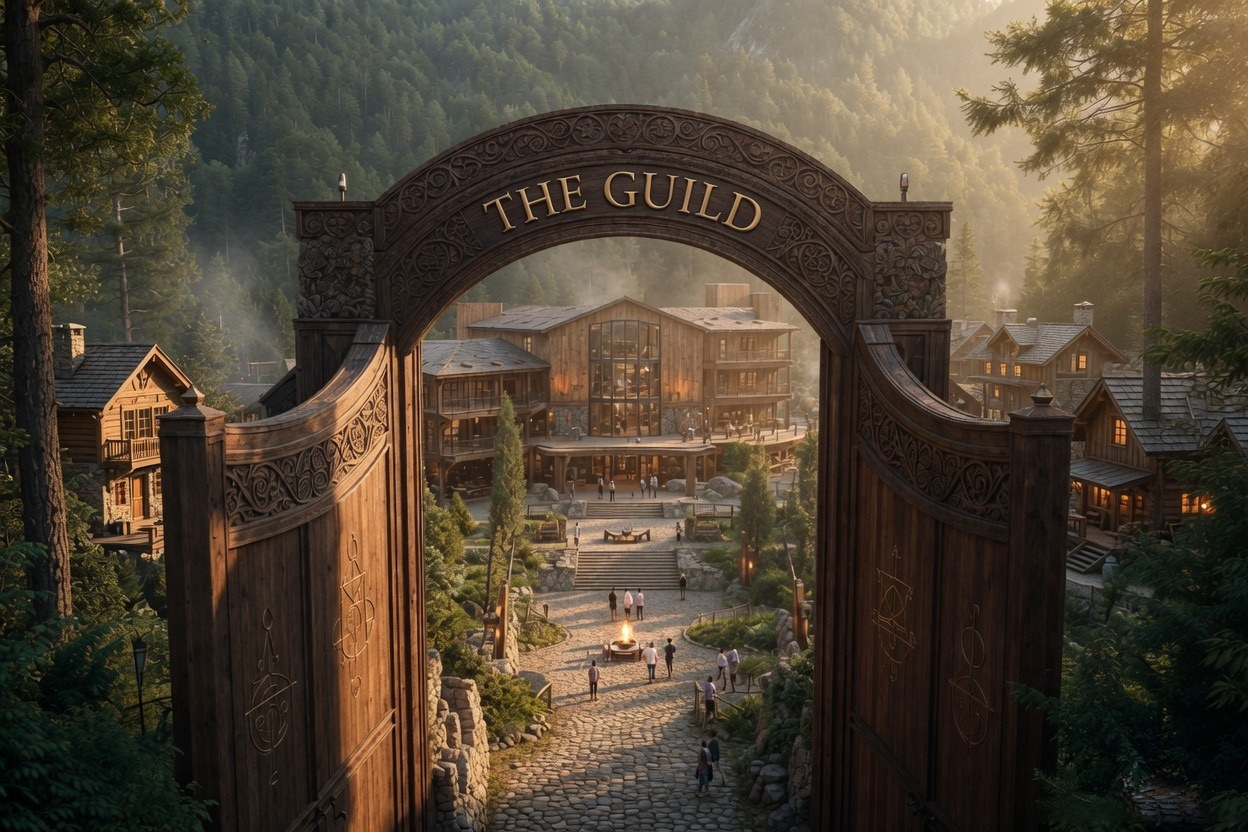 The Guild's open carved gates seen from above — a stone path leading down to the village and fire circle, people walking in