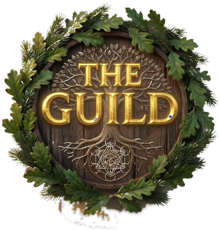 The Guild roundel — gold lettering on barrel wood over a tree whose roots wrap Metatron's cube, ringed by an oak and pine wreath