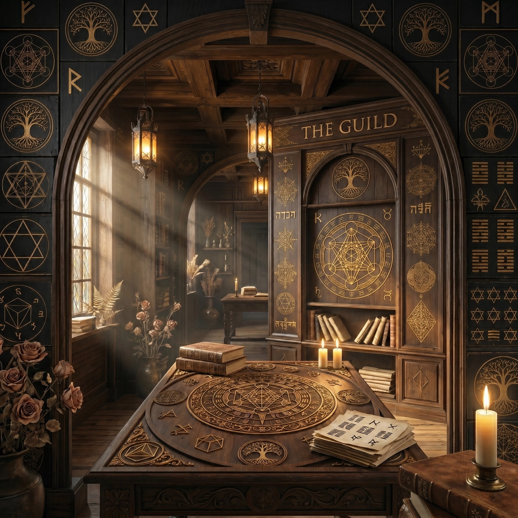 A candlelit study in The Guild — dark timber walls carved with gold geometric sigils, lanterns over a worktable inlaid with a circular emblem, books and parchment in the warm light