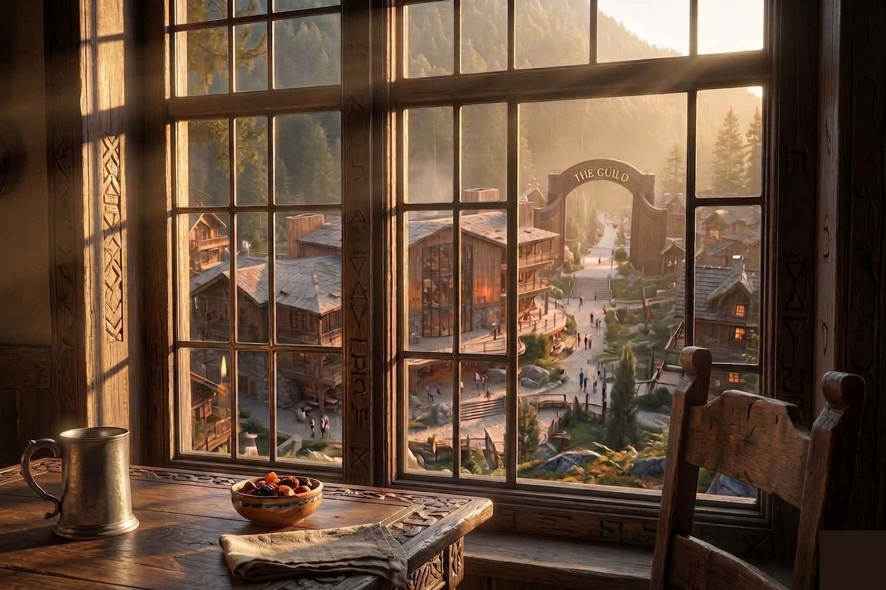 Morning light through a rune-carved timber window — The Guild village below, wooden halls and winding paths leading to the great arch marked THE GUILD